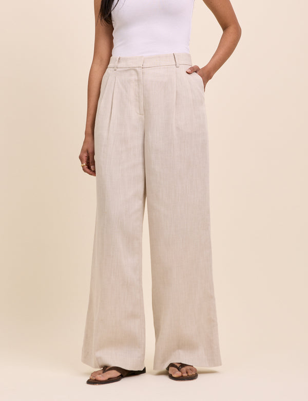 Stone Linen-Blend Jax Wide Leg Trousers