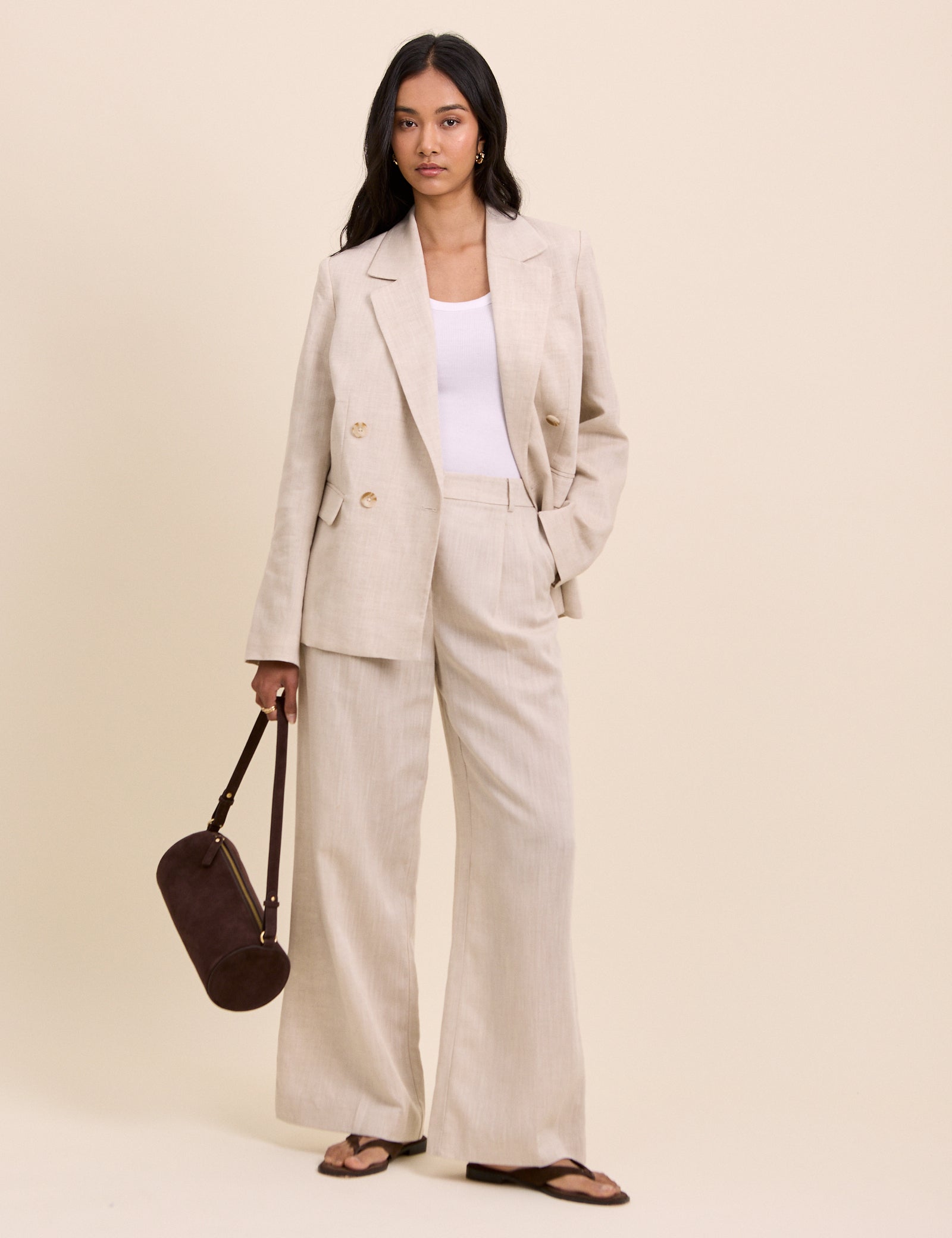 Stone Linen-Blend Jax Wide Leg Trousers