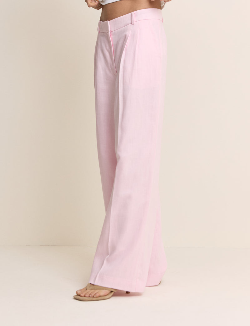 Baby Pink Linen-Blend Jax Wide Leg Trousers
