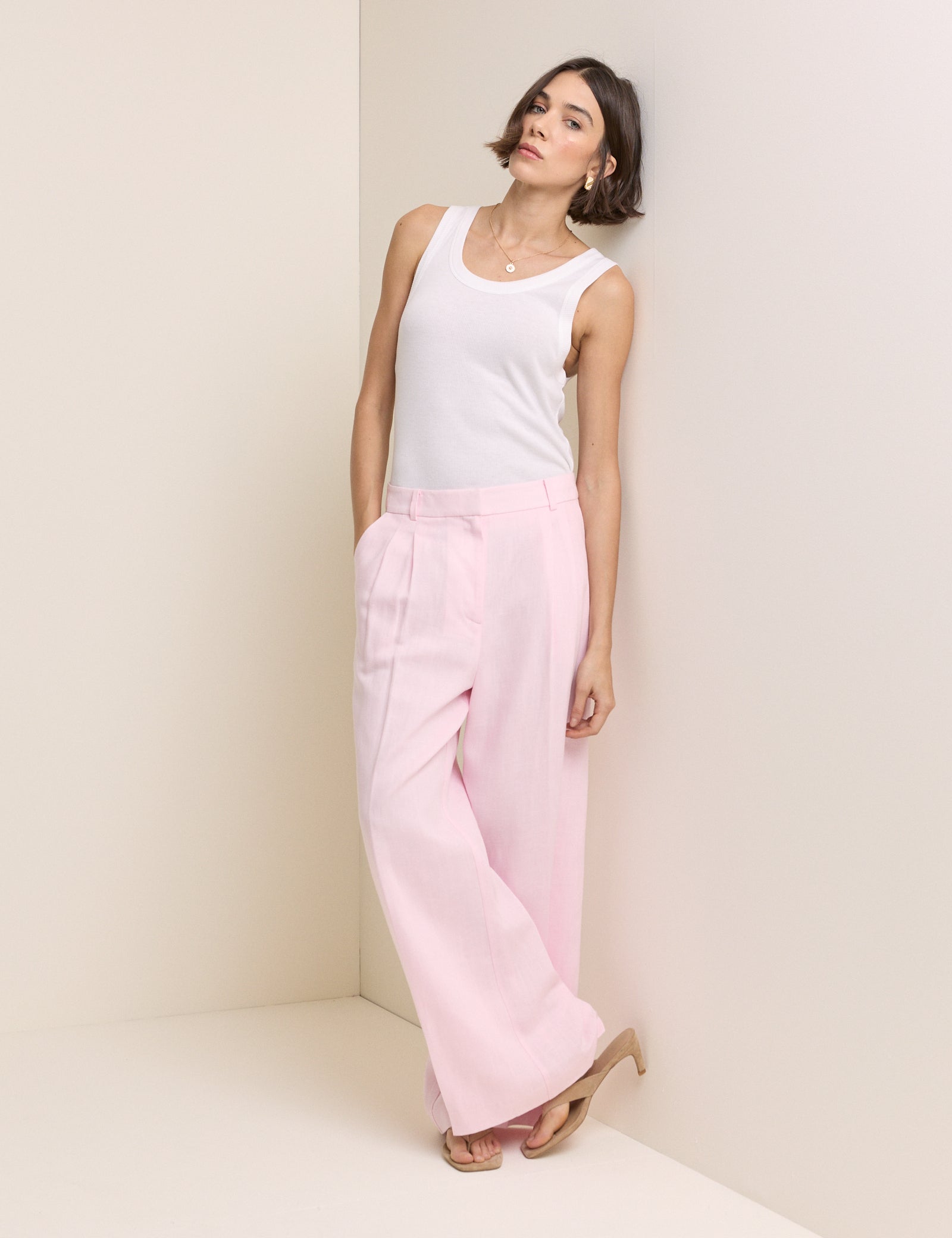 Baby Pink High Waisted Wide Leg Trousers