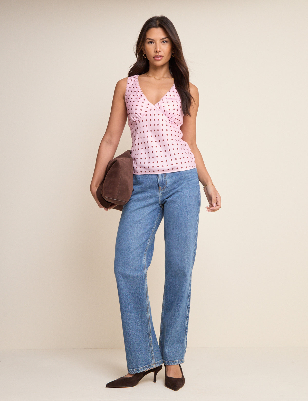 Pink and Brown Polka Dot Lace Trim V-Neck Top