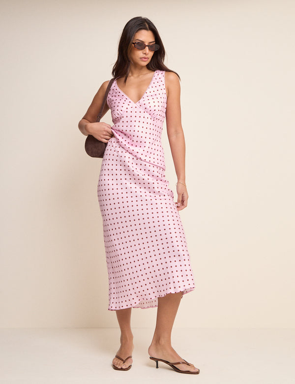 Pink and Brown Polka Dot Lace Trim V-Neck Top