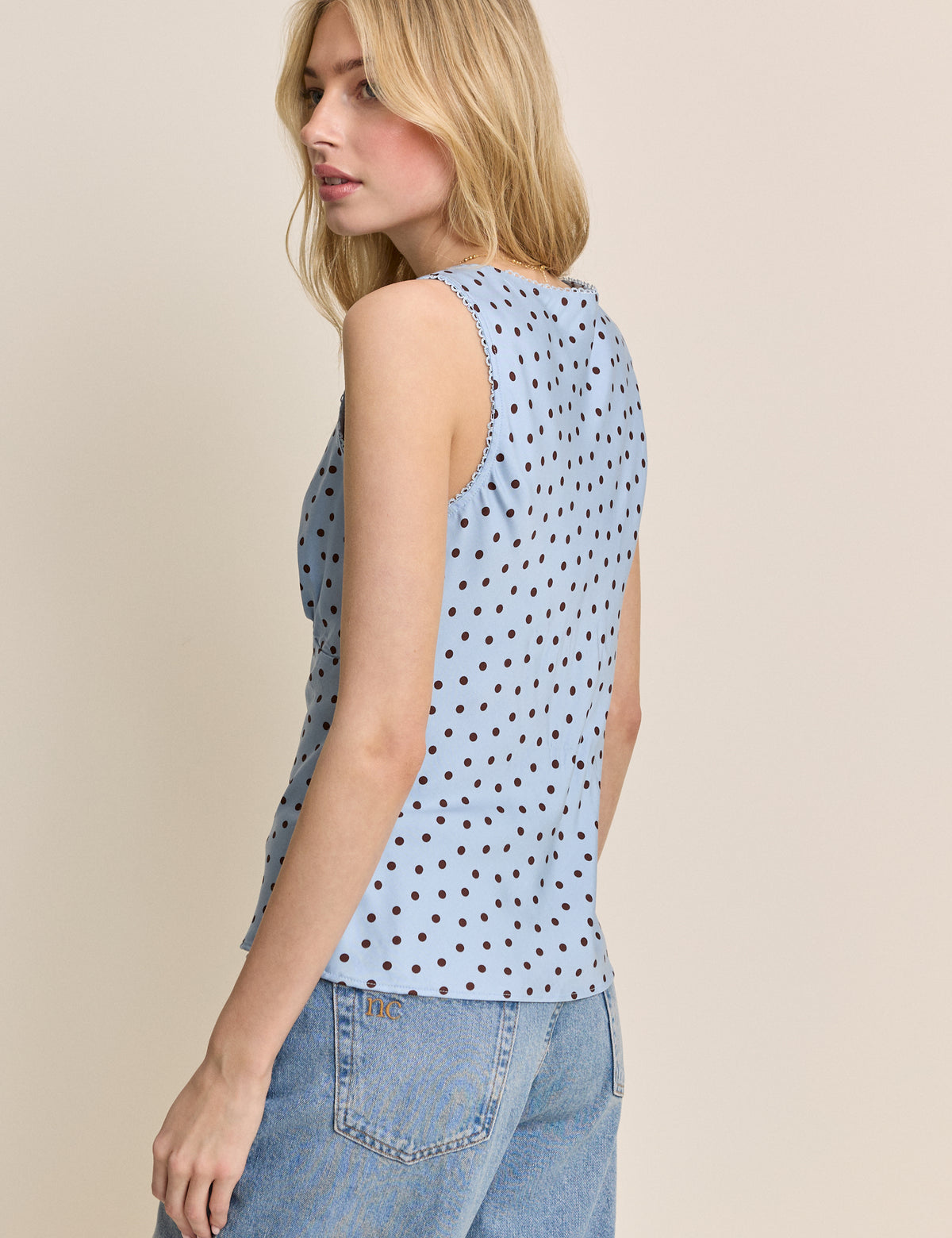 Blue Polka Dot Lace Trim V-Neck Top