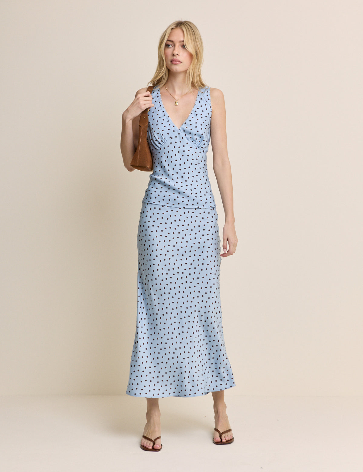 Blue Polka Dot Lace Trim V-Neck Top
