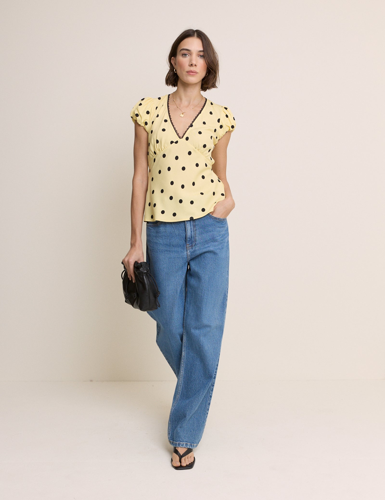 Yellow Polka Dot Lace Trim Top