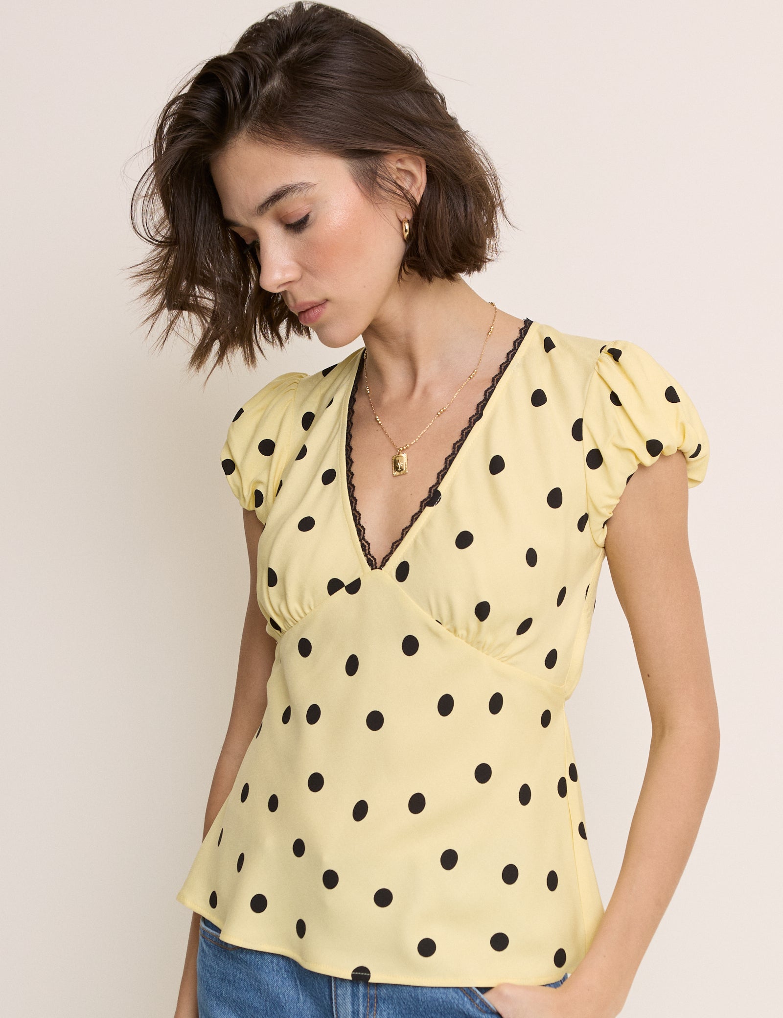 Yellow Polka Dot Lace Trim Top