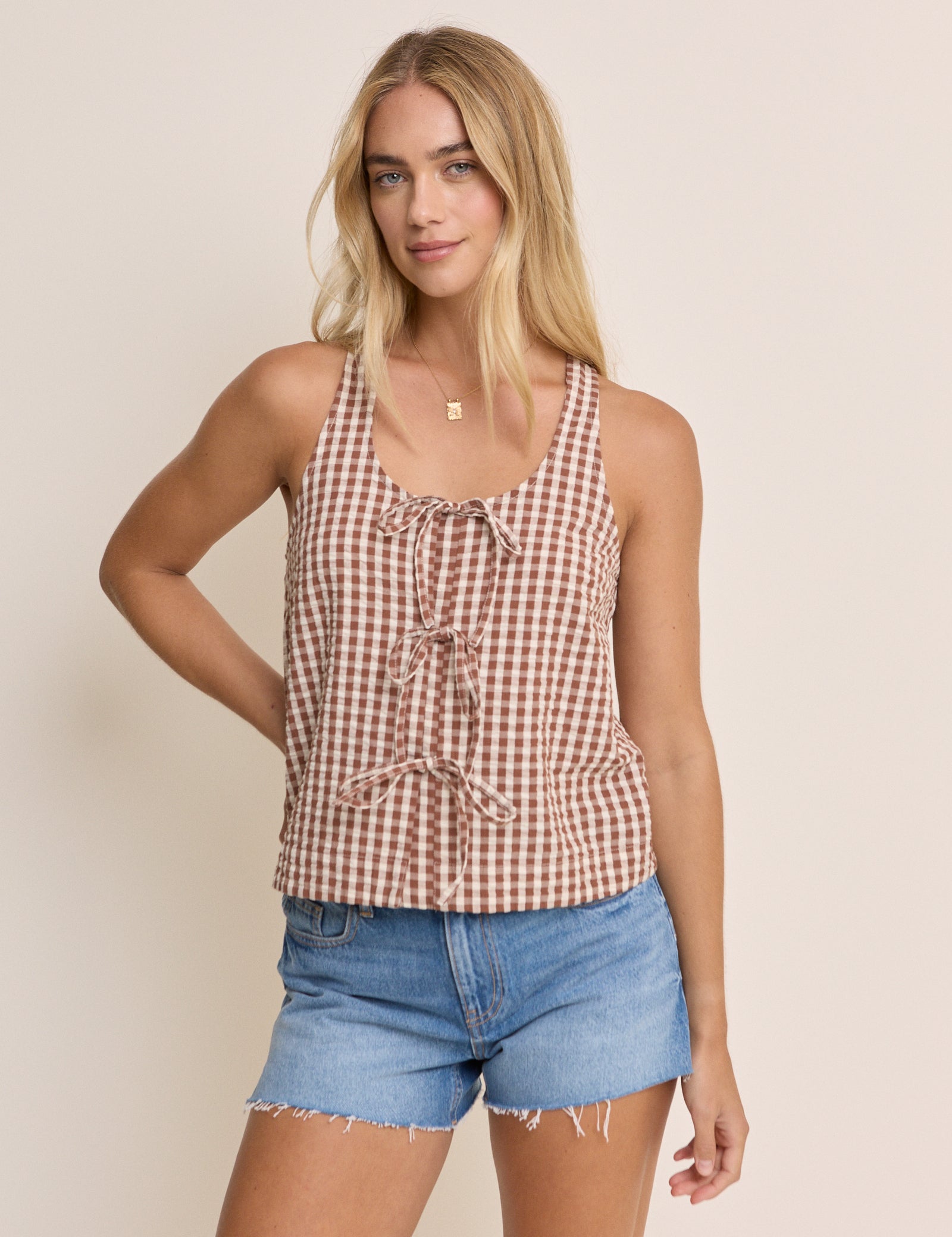 Brown Gingham Thea Scoop Neck Tie Front Blouse