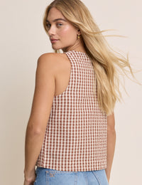 Brown Gingham Thea Scoop Neck Tie Front Blouse