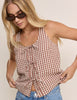Brown Gingham Thea Scoop Neck Tie Front Blouse