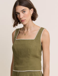 Khaki Whipstitch Square Neck Top