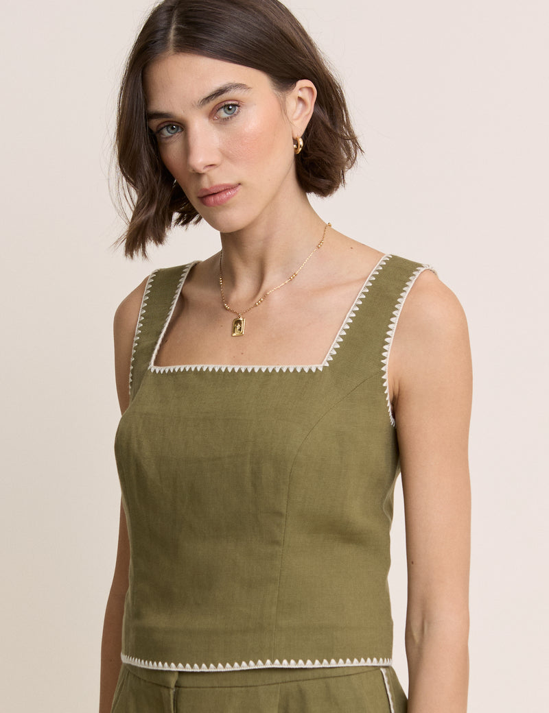 Khaki Whipstitch Square Neck Top