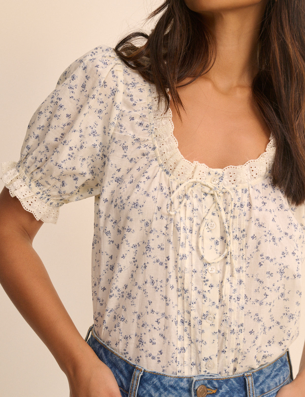 Ivory and Blue Ditsy Floral Puff Sleeve Lumi Blouse
