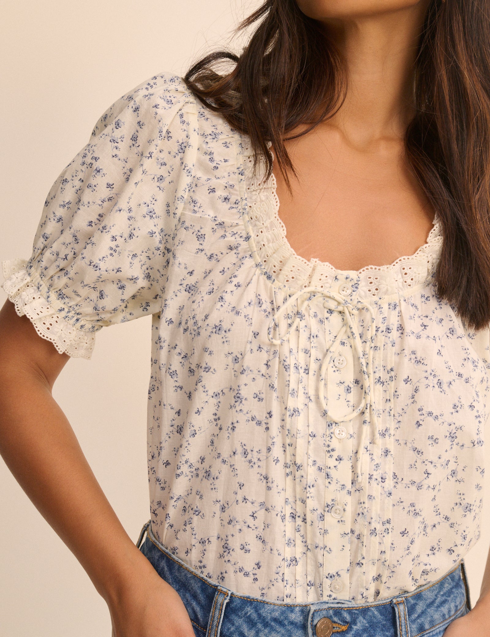 Ivory and Blue Ditsy Floral Puff Sleeve Lumi Blouse