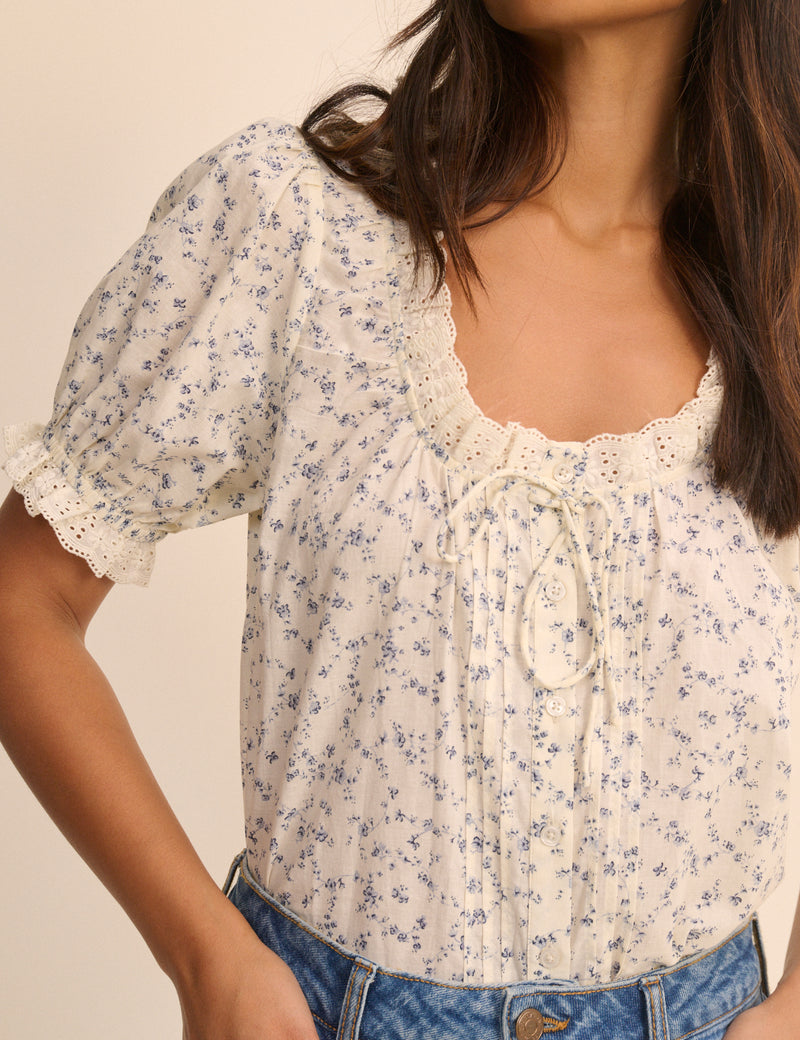 Ivory and Blue Ditsy Floral Puff Sleeve Lumi Blouse