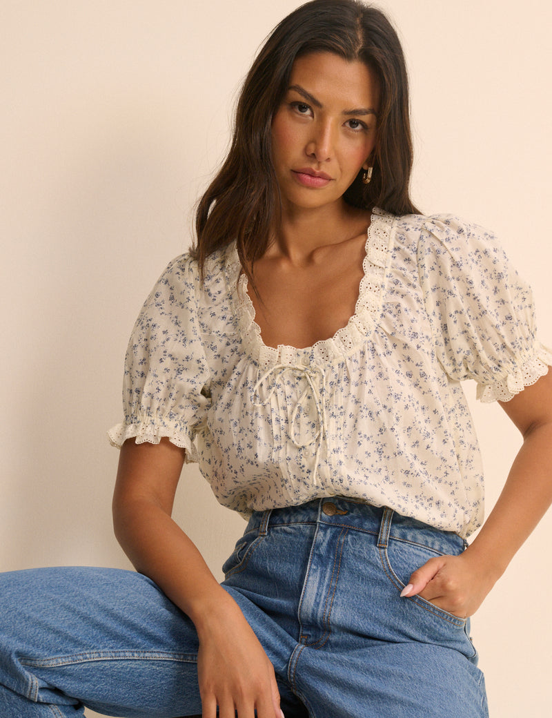 Ivory and Blue Ditsy Floral Puff Sleeve Lumi Blouse