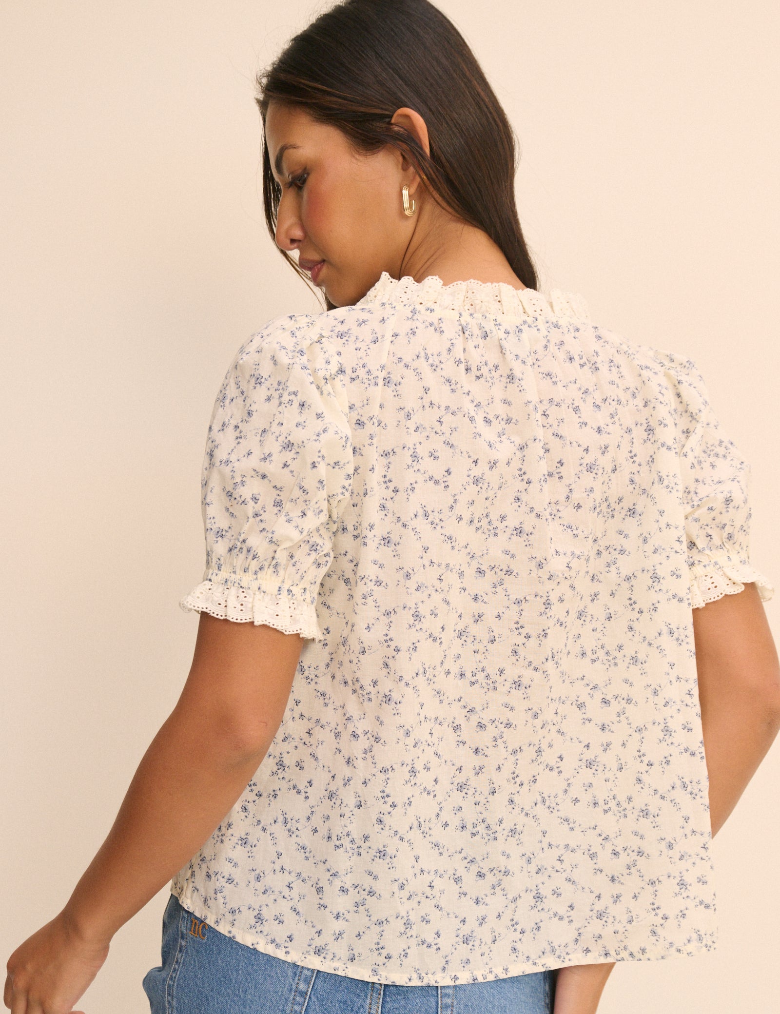 Ivory and Blue Ditsy Floral Puff Sleeve Lumi Blouse
