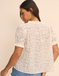 Ivory and Blue Ditsy Floral Puff Sleeve Lumi Blouse