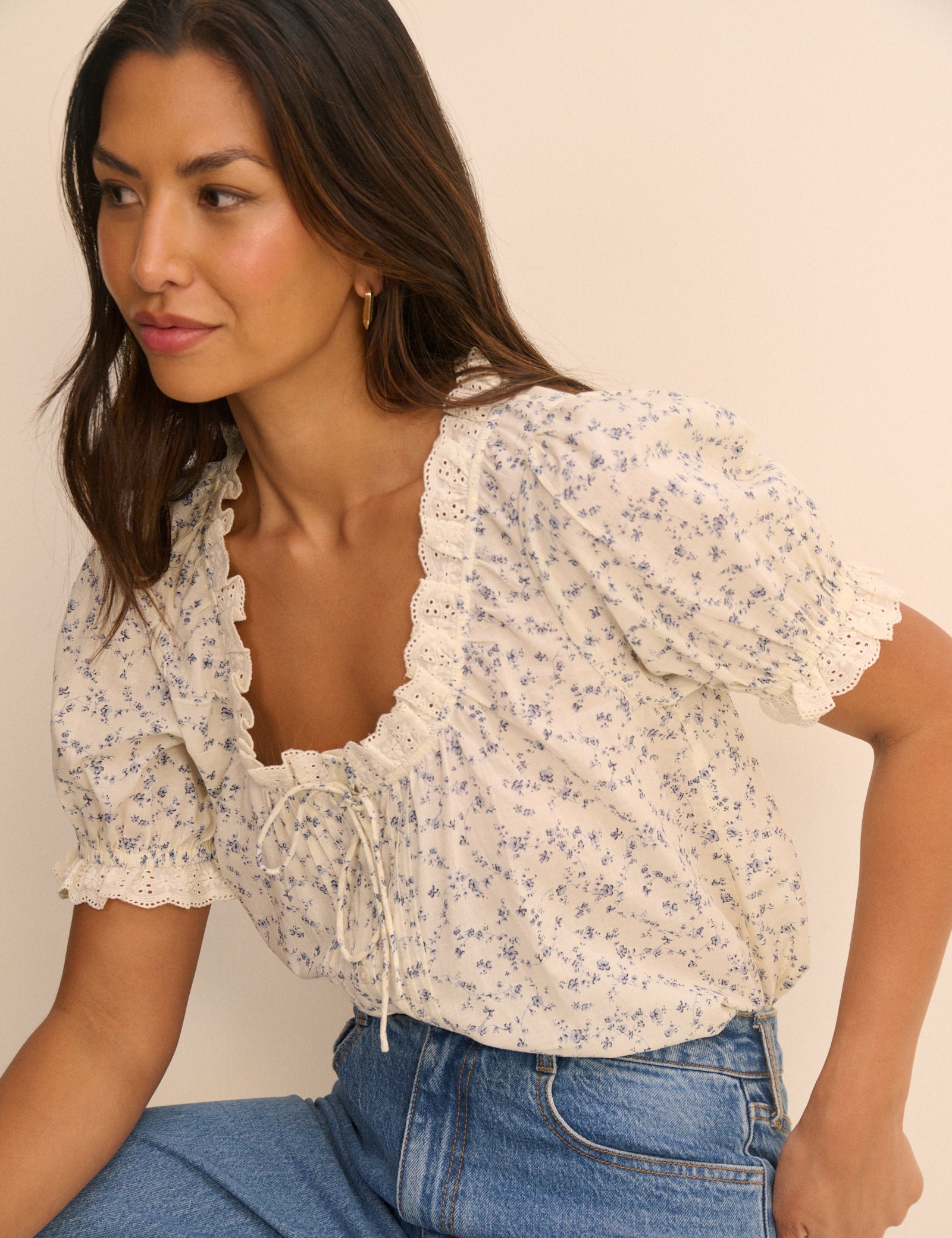 Ivory and Blue Ditsy Floral Puff Sleeve Lumi Blouse