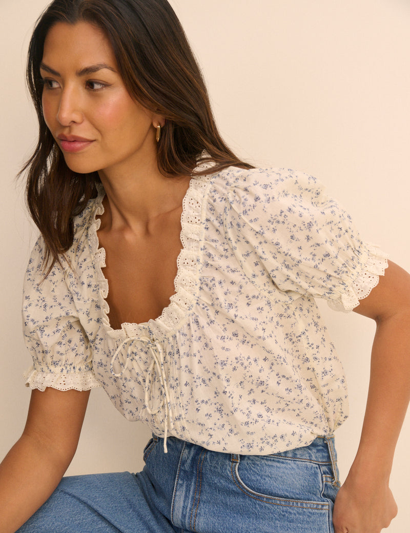 Ivory and Blue Ditsy Floral Puff Sleeve Lumi Blouse