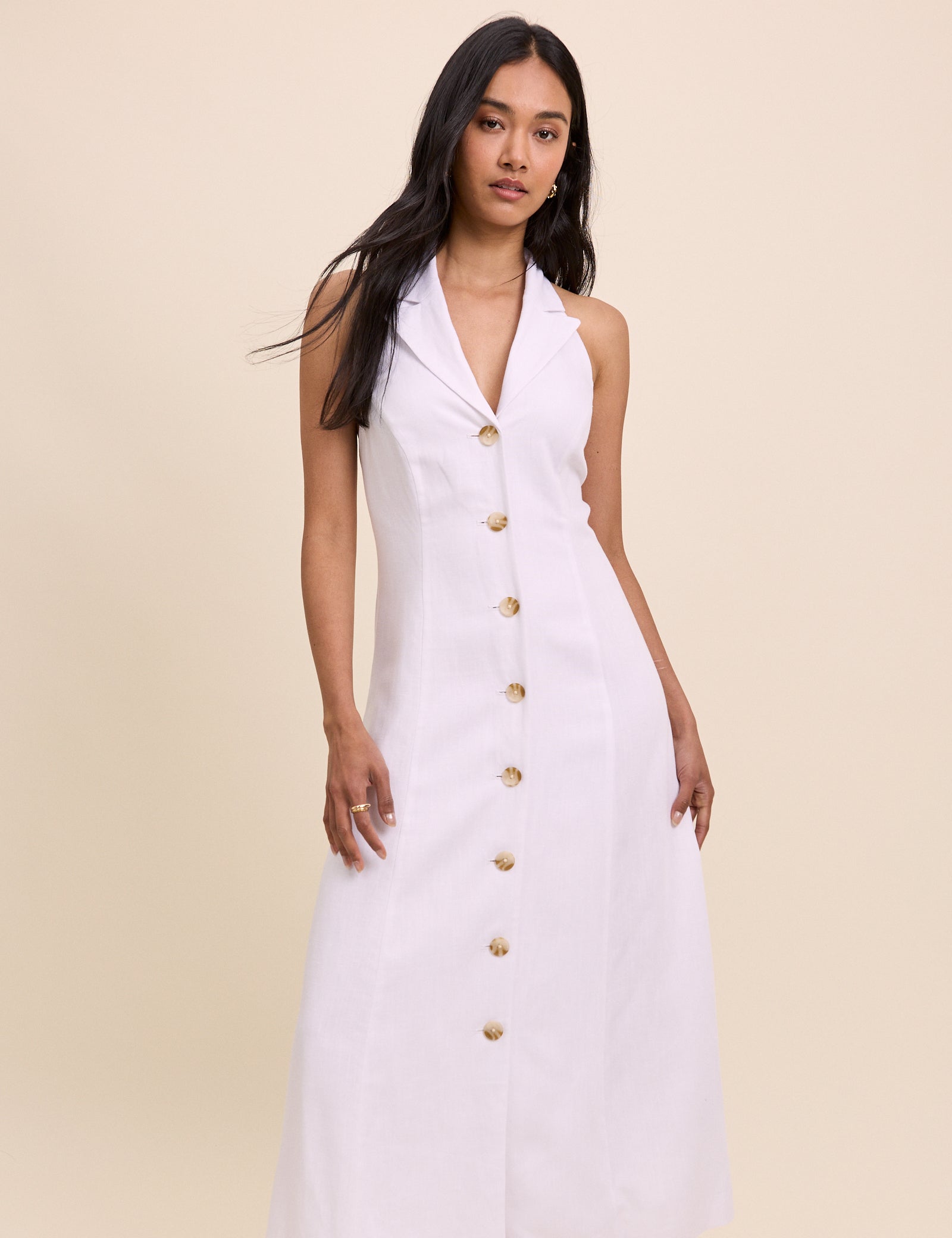 White Linen-Blend Halterneck Tailored Midi Dress