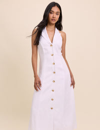 White Linen-Blend Halterneck Tailored Midi Dress