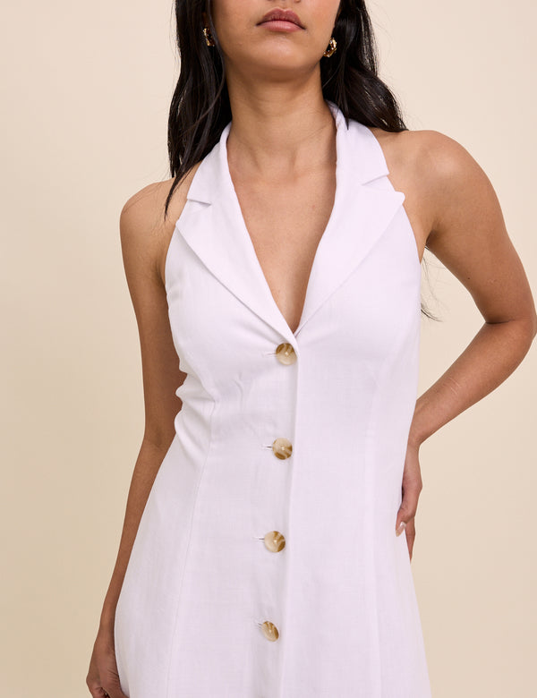 White Linen-Blend Halterneck Tailored Midi Dress