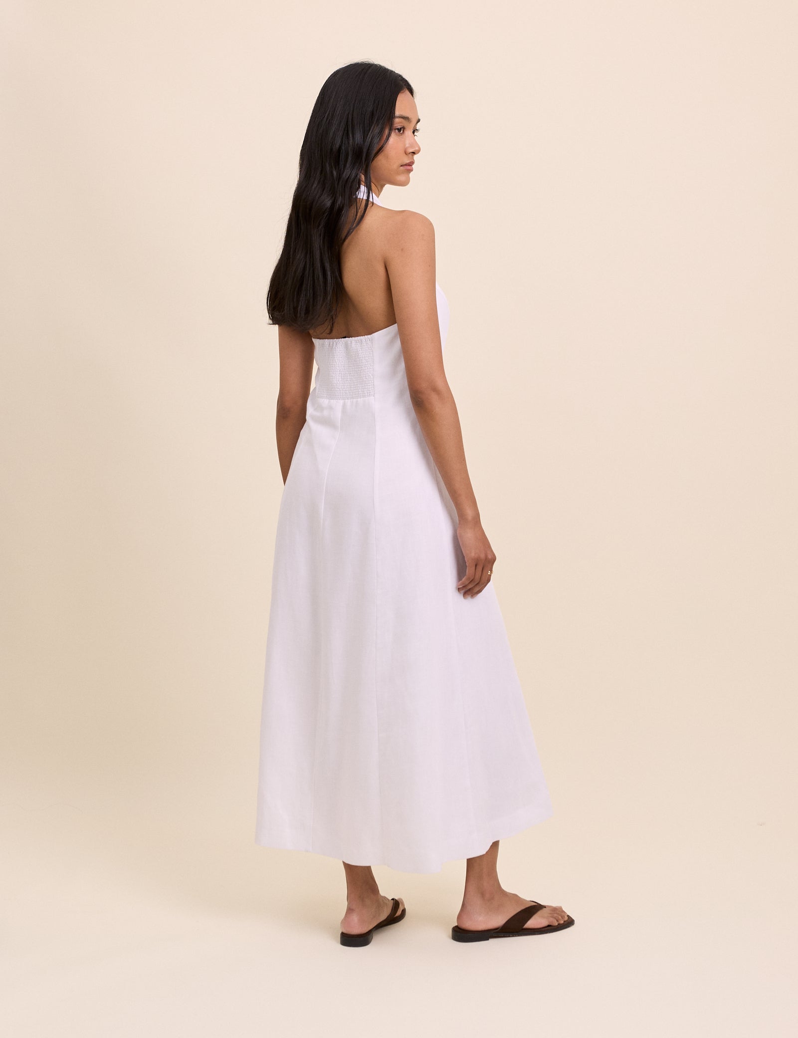 White Linen-Blend Halterneck Tailored Midi Dress