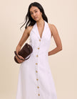 White Linen-Blend Halterneck Midi Dress