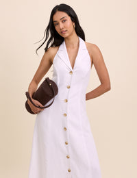 White Linen-Blend Halterneck Tailored Midi Dress