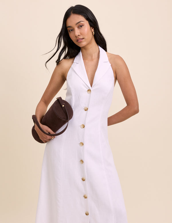 White Linen-Blend Halterneck Tailored Midi Dress
