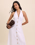 White Linen-Blend Halterneck Midi Dress