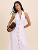 White Linen-Blend Halterneck Tailored Midi Dress