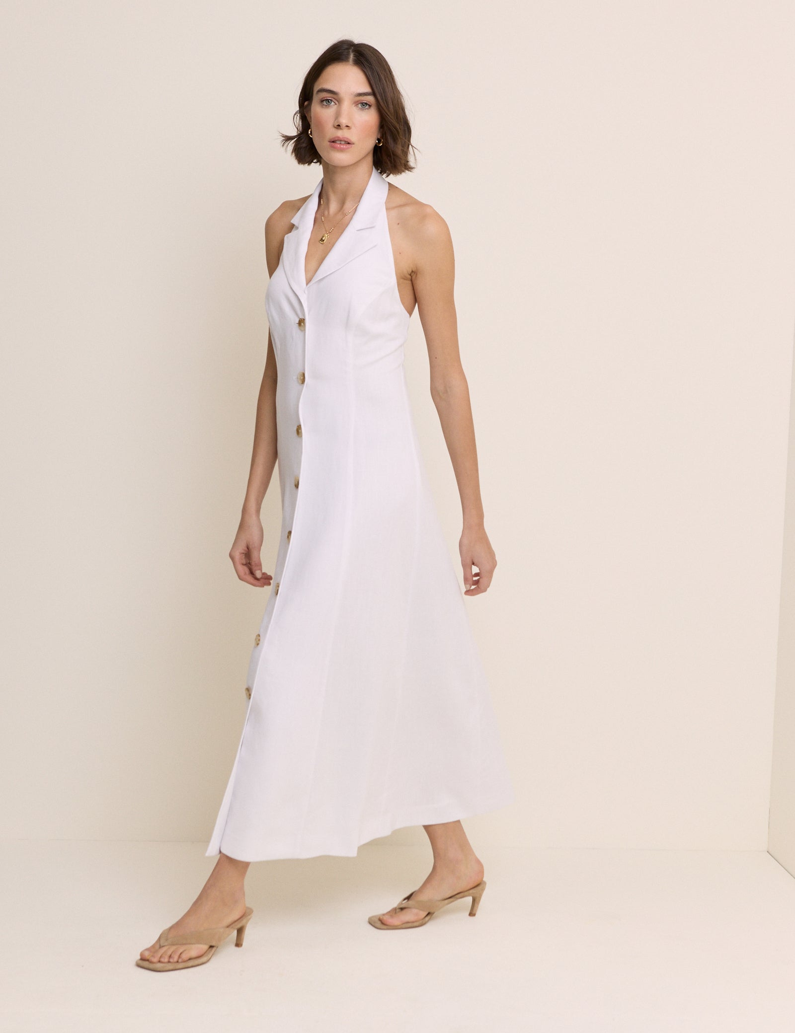 White Linen-Blend Halterneck Tailored Midi Dress