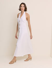 White Linen-Blend Halterneck Tailored Midi Dress