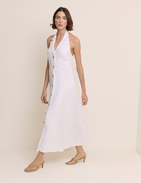 White Linen-Blend Halterneck Tailored Midi Dress