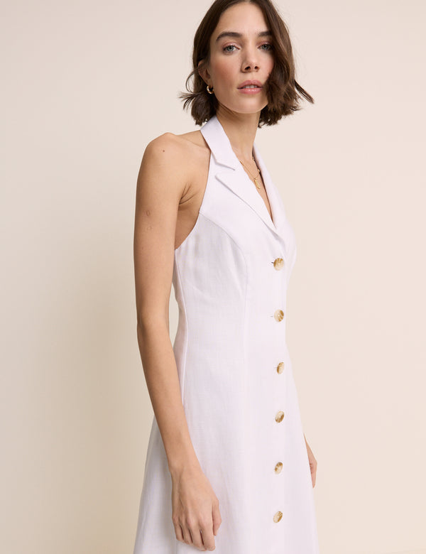 White Linen-Blend Halterneck Tailored Midi Dress