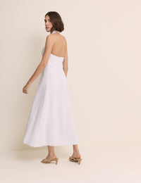 White Linen-Blend Halterneck Tailored Midi Dress