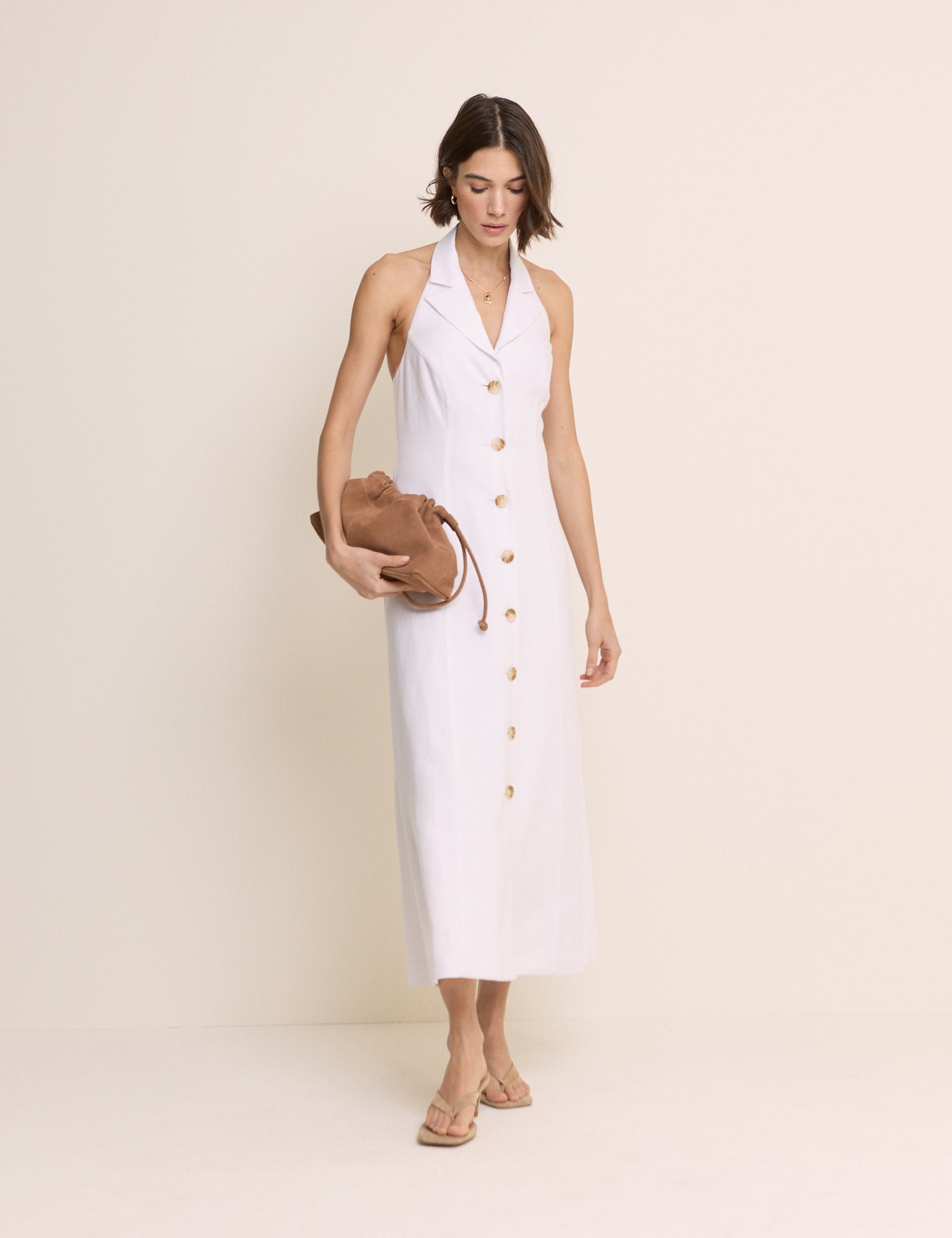 White Linen-Blend Halterneck Tailored Midi Dress