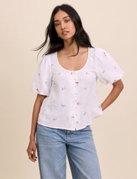 White Embroidered Scoop Neck Edris Blouse