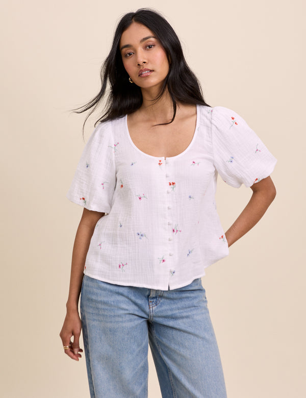 White Embroidered Scoop Neck Edris Blouse