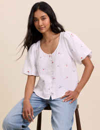 White Embroidered Scoop Neck Edris Blouse