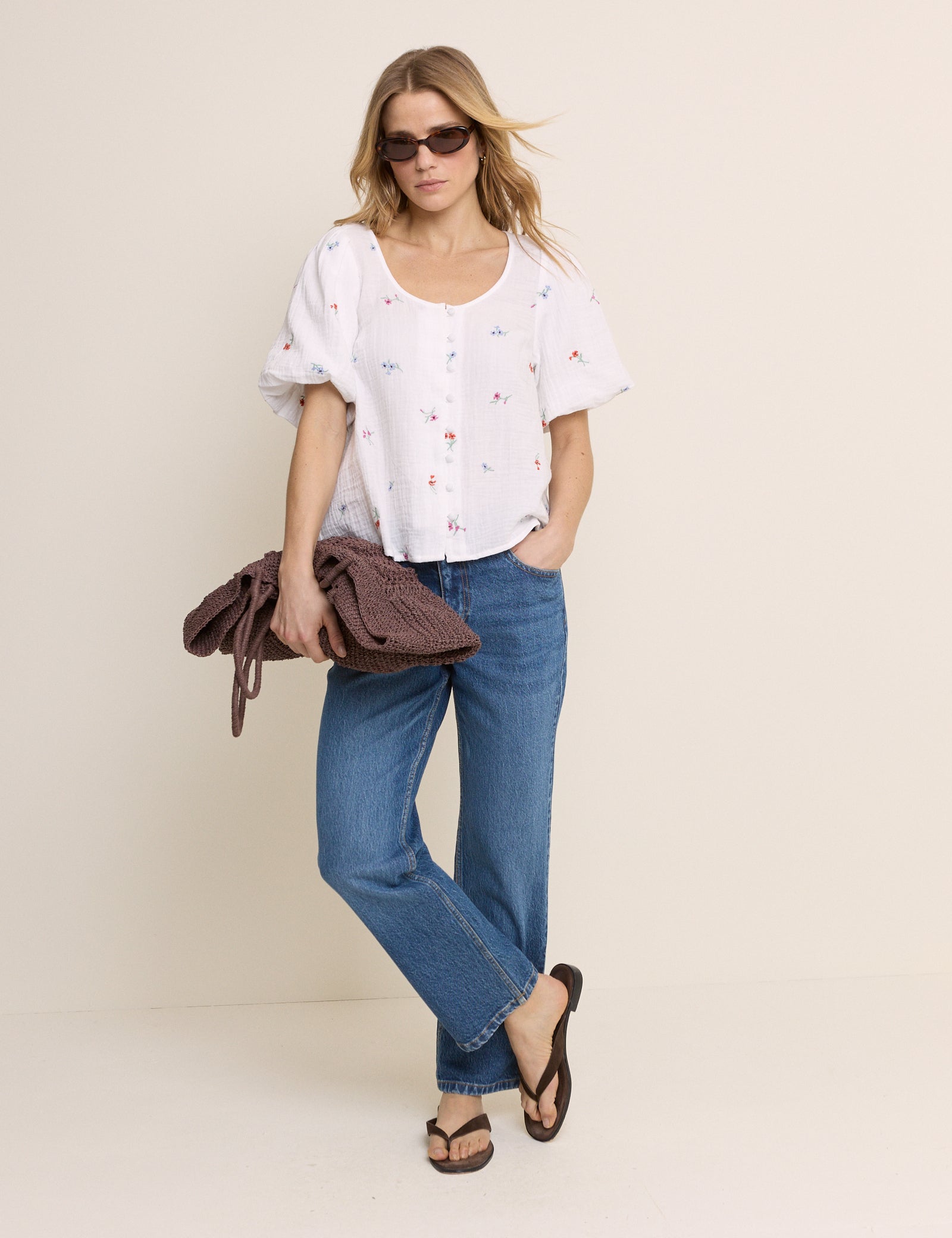 White Embroidered Scoop Neck Edris Blouse