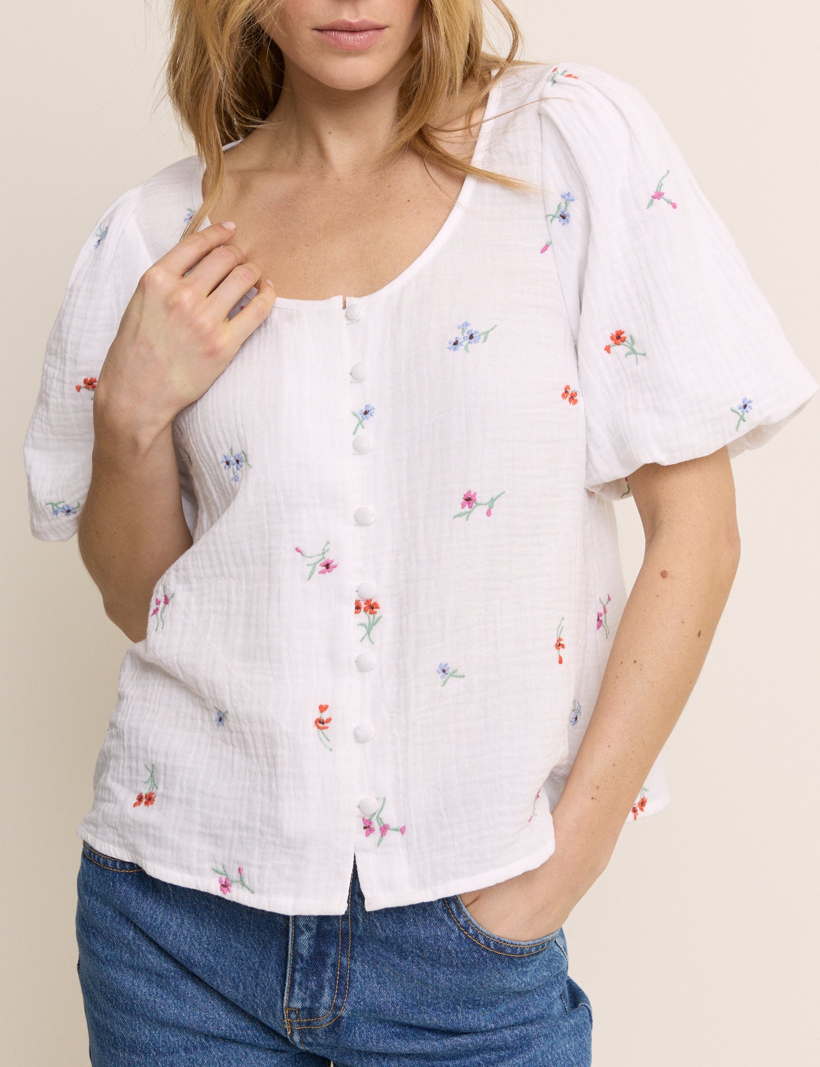 White Embroidered Scoop Neck Edris Blouse