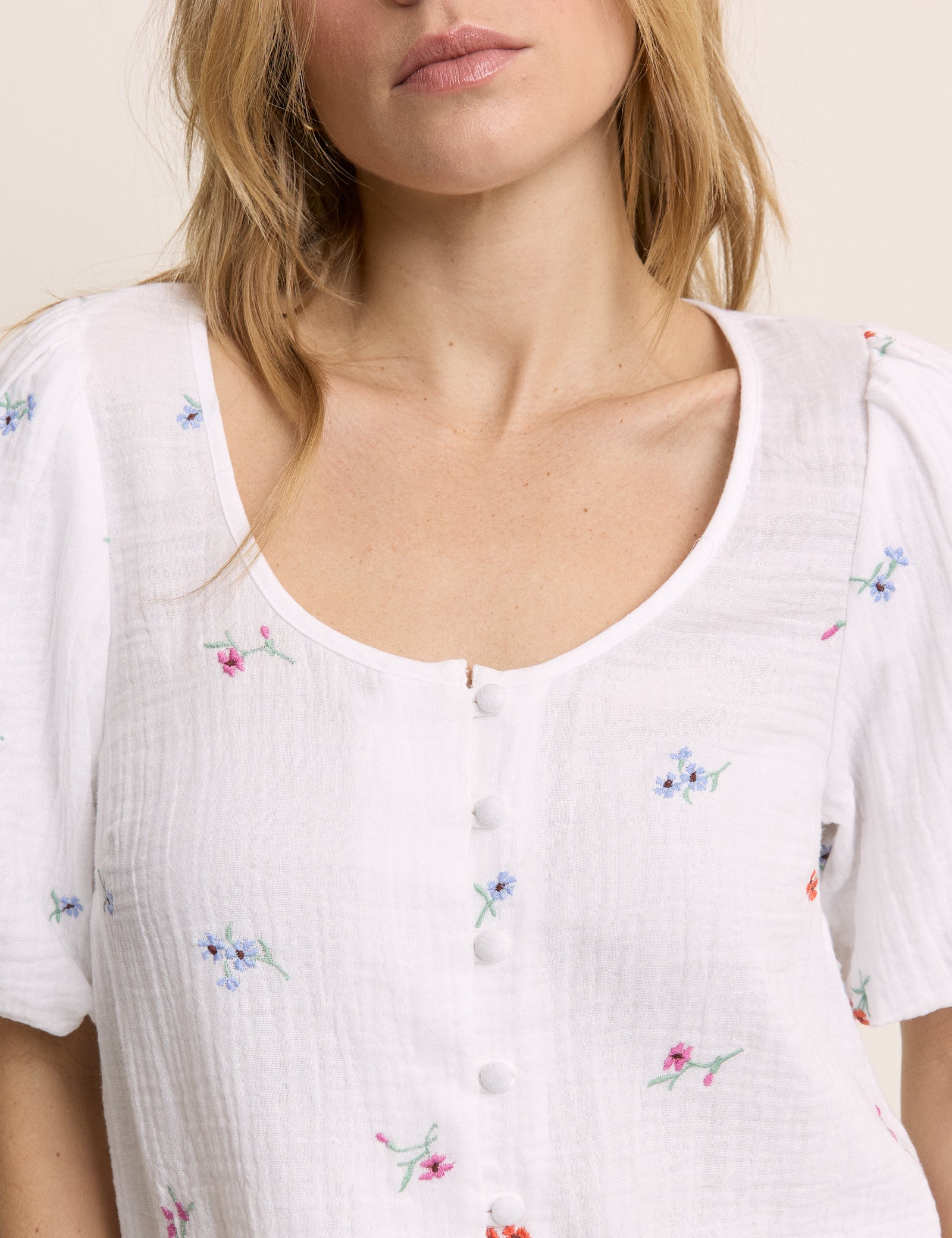 White Embroidered Scoop Neck Edris Blouse