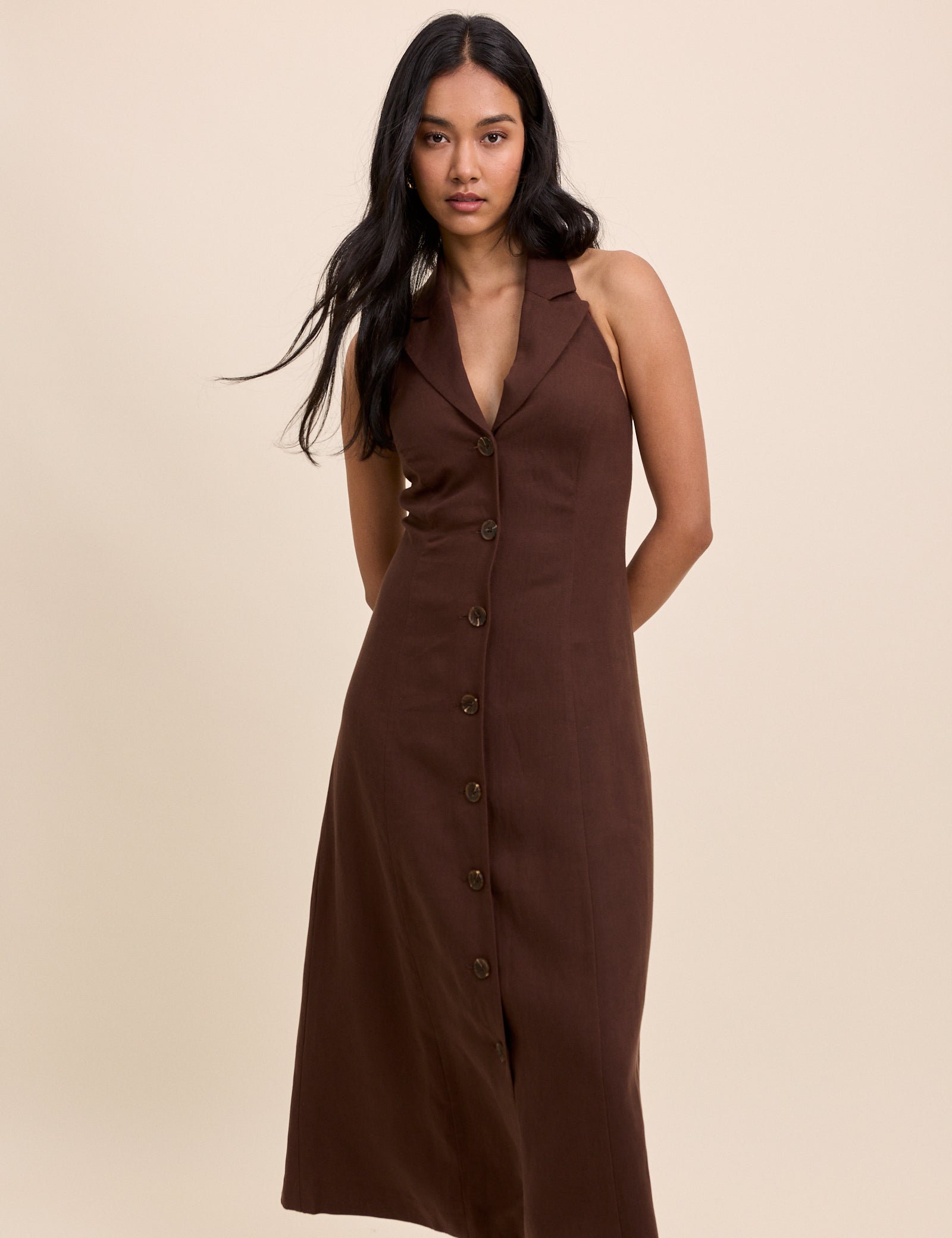 Brown Halterneck Midi Dress