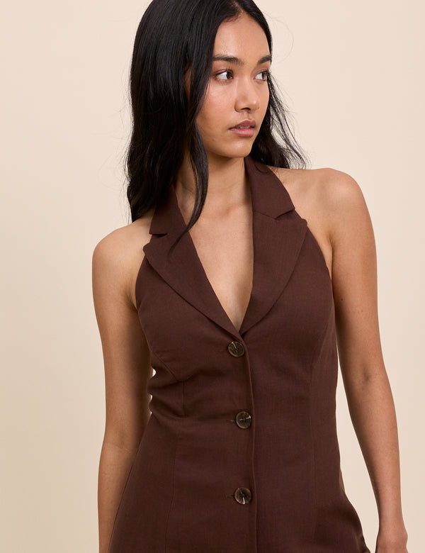 Brown Halterneck Tailored Midi Dress