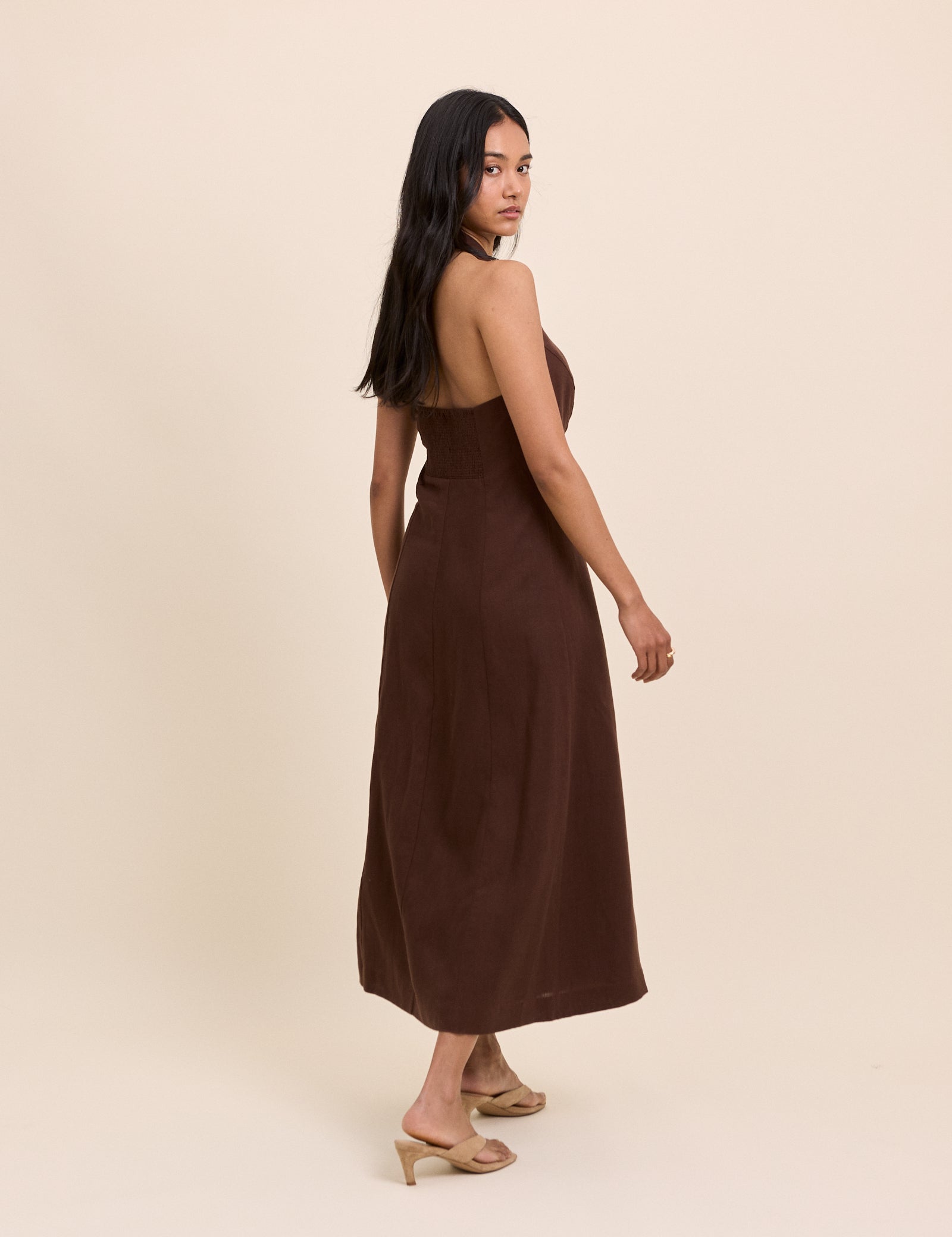 Brown Halterneck Midi Dress