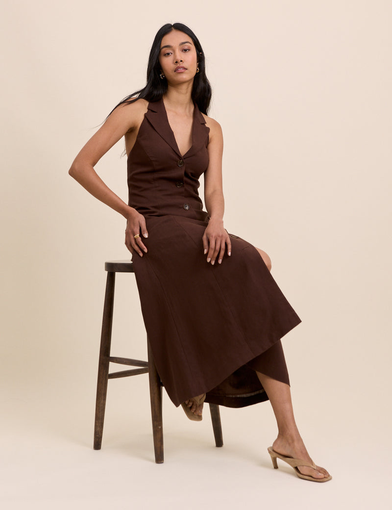 Brown Halterneck Midi Dress