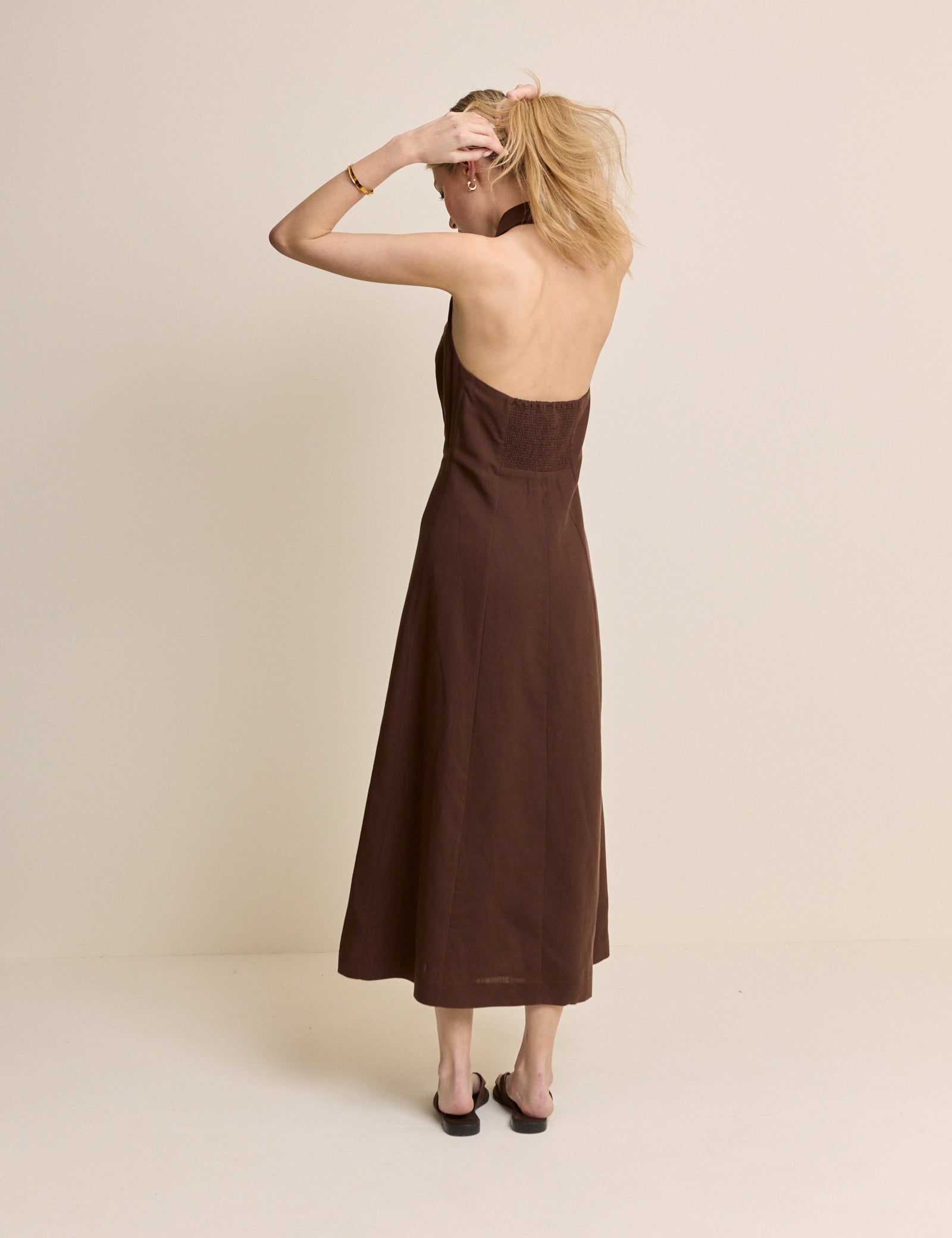 Brown Halterneck Tailored Midi Dress
