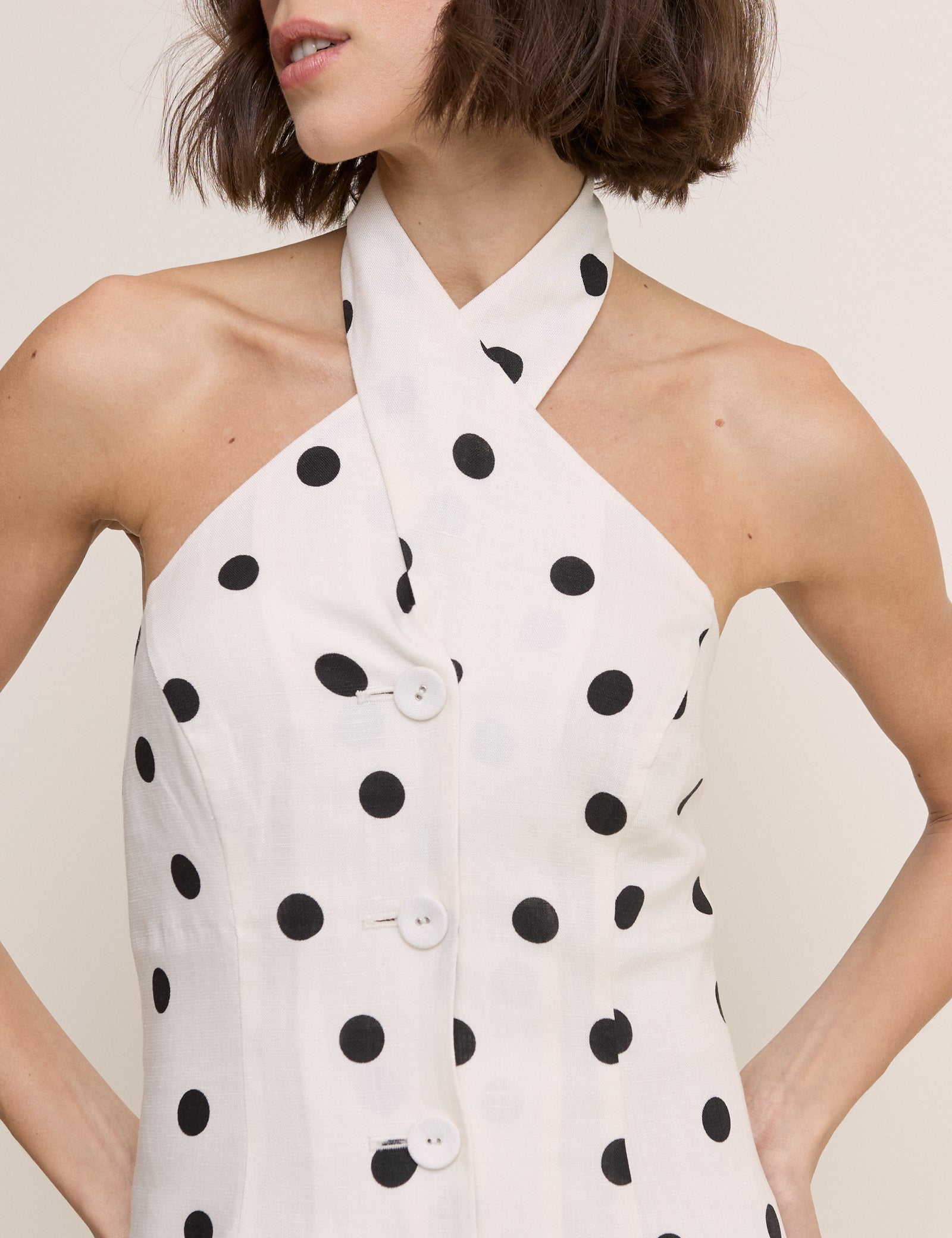Polka Dot Wrap Neck Tailored Midi Dress